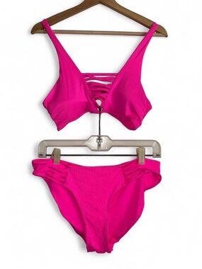 TiniBikini Ribbed Strappy Bikini Set - Hot Pink